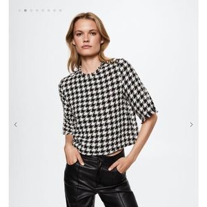 Mango Black and White Houndstooth Short Sleeve Blouse